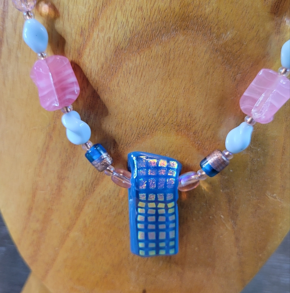 Turquoise & Pink Dichroic Fused Glass Necklace Handmade OOAK Glass Button Clasp